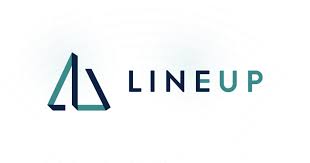 Logo for LineUp featuring a stylised triangular design to the left and the word LINEUP in bold, modern font with UP in a lighter teal colour. The background is white.